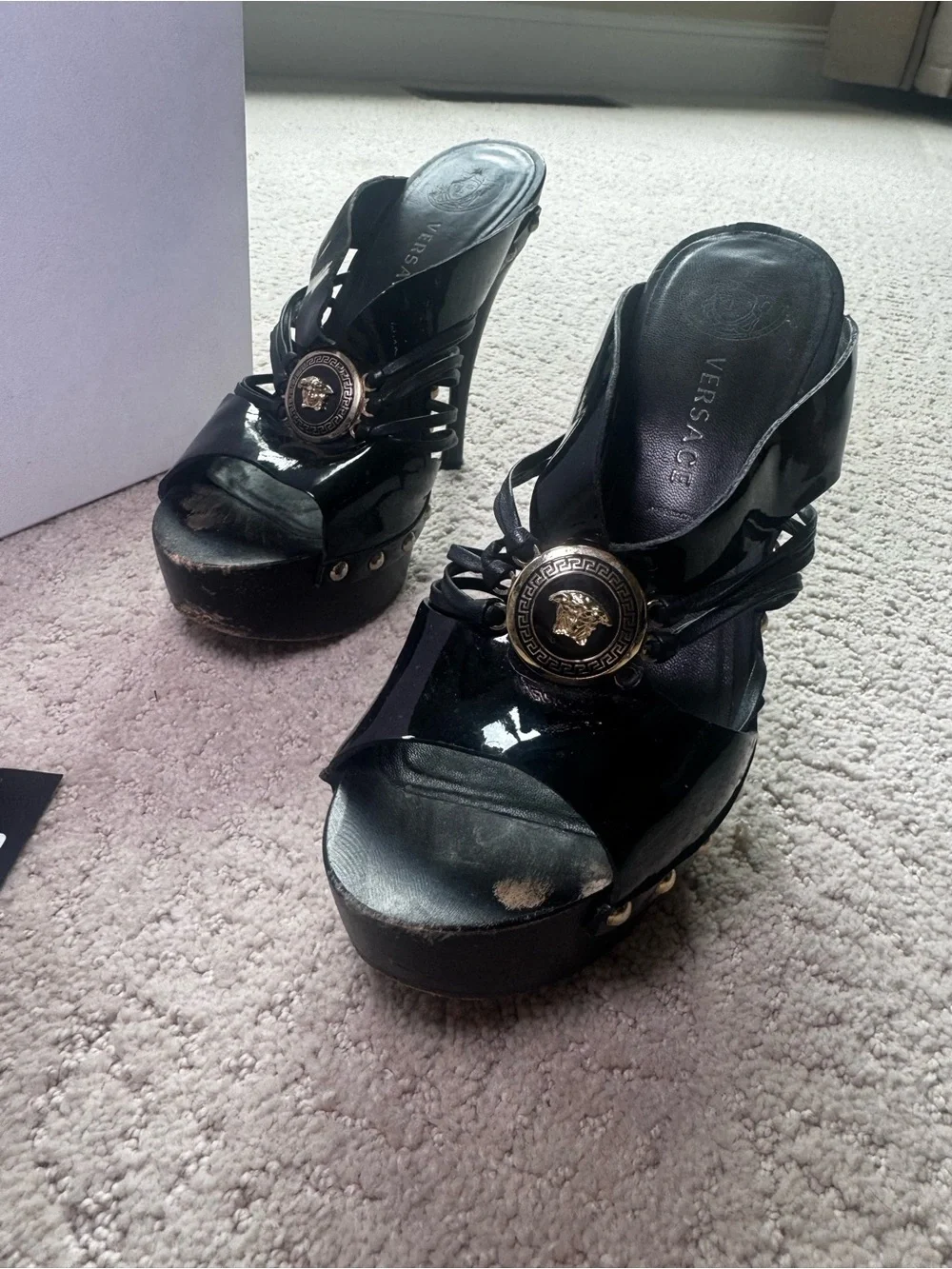 Versace Black Patent Leather and Wooden Platform Medusa Sandals Size 36